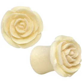 0 Gauge Organic White Crocodile Wood Rose Flower Hand Carved Plug Set