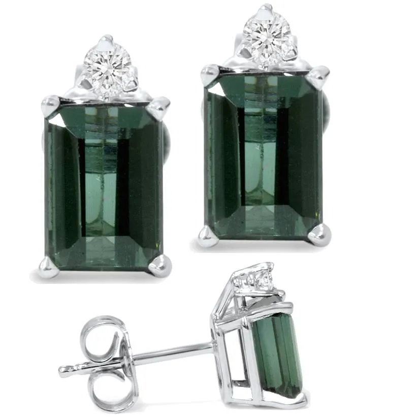 1 1/3ct Green Tourmaline Diamond Studs 14K White Gold