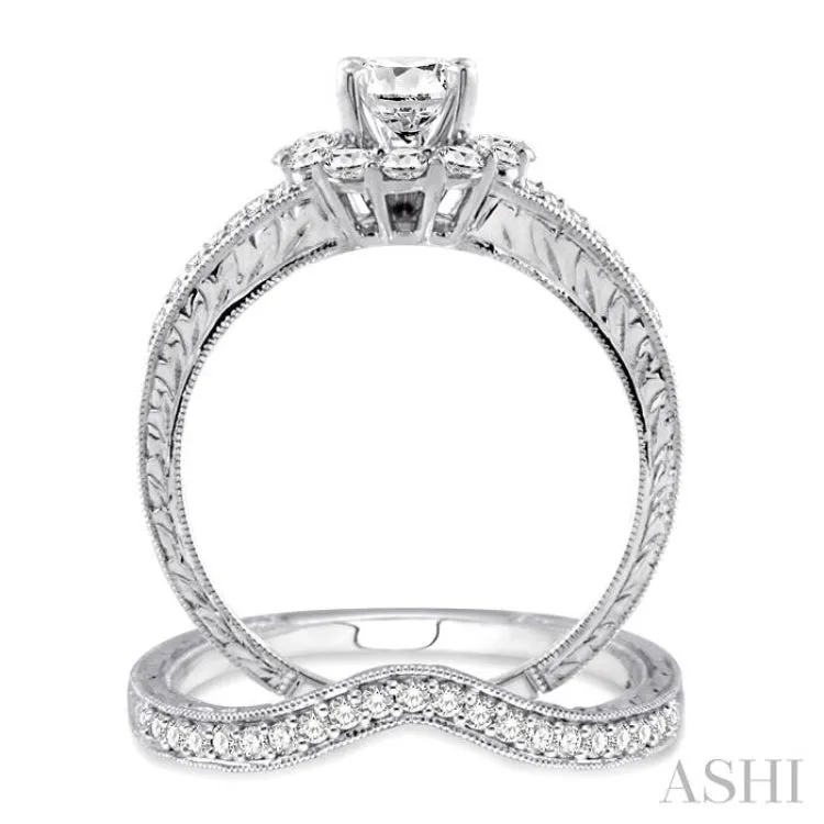 1 1/6 Ctw Diamond Wedding Set with 1 Ctw Round Cut Engagement Ring and 1/6 Ctw Wedding Band in 14K White Gold