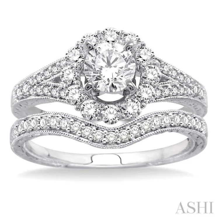 1 1/6 Ctw Diamond Wedding Set with 1 Ctw Round Cut Engagement Ring and 1/6 Ctw Wedding Band in 14K White Gold