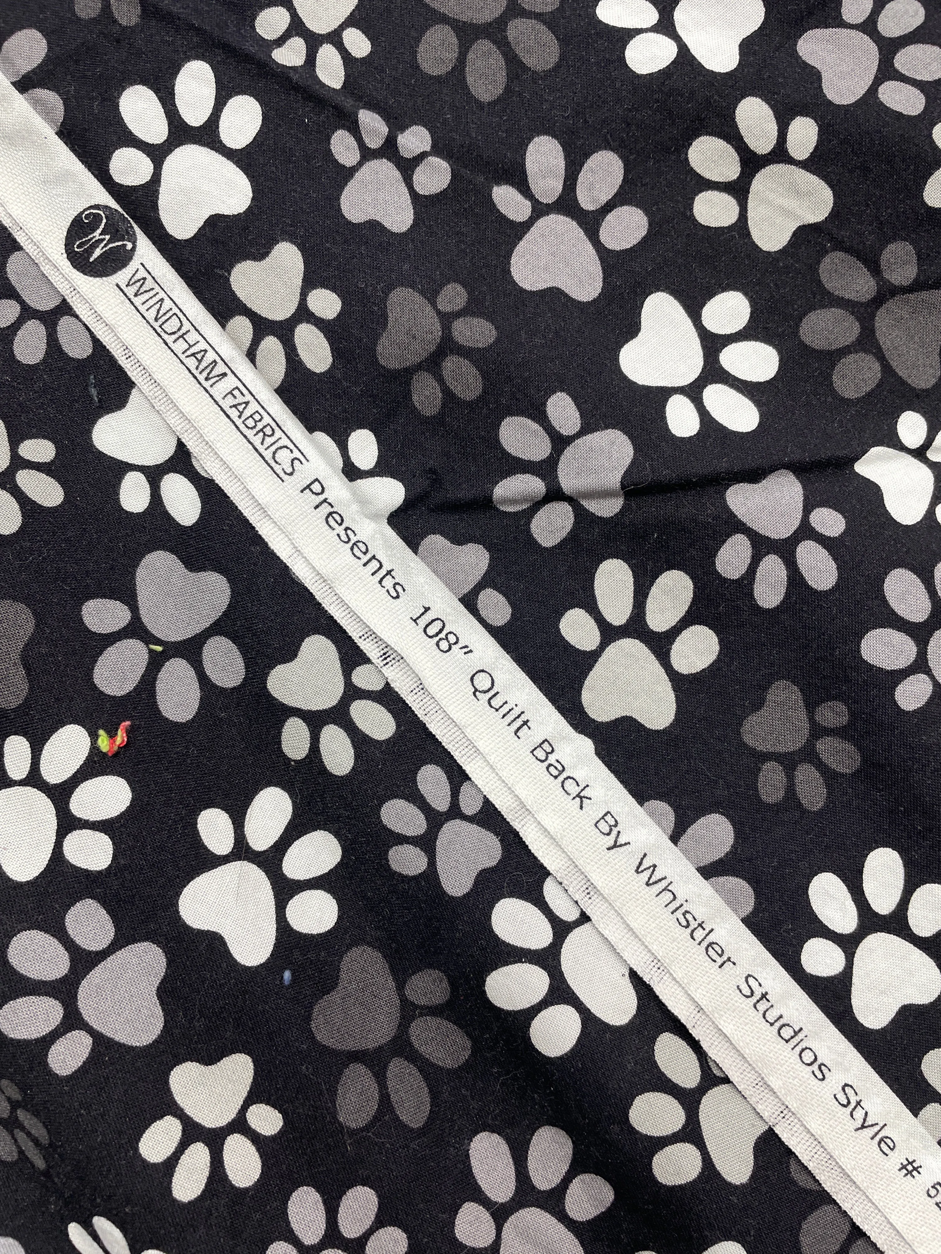 1 YD Quilting Cotton EXTRA WIDE - Black with Paw Prints in White and Grays