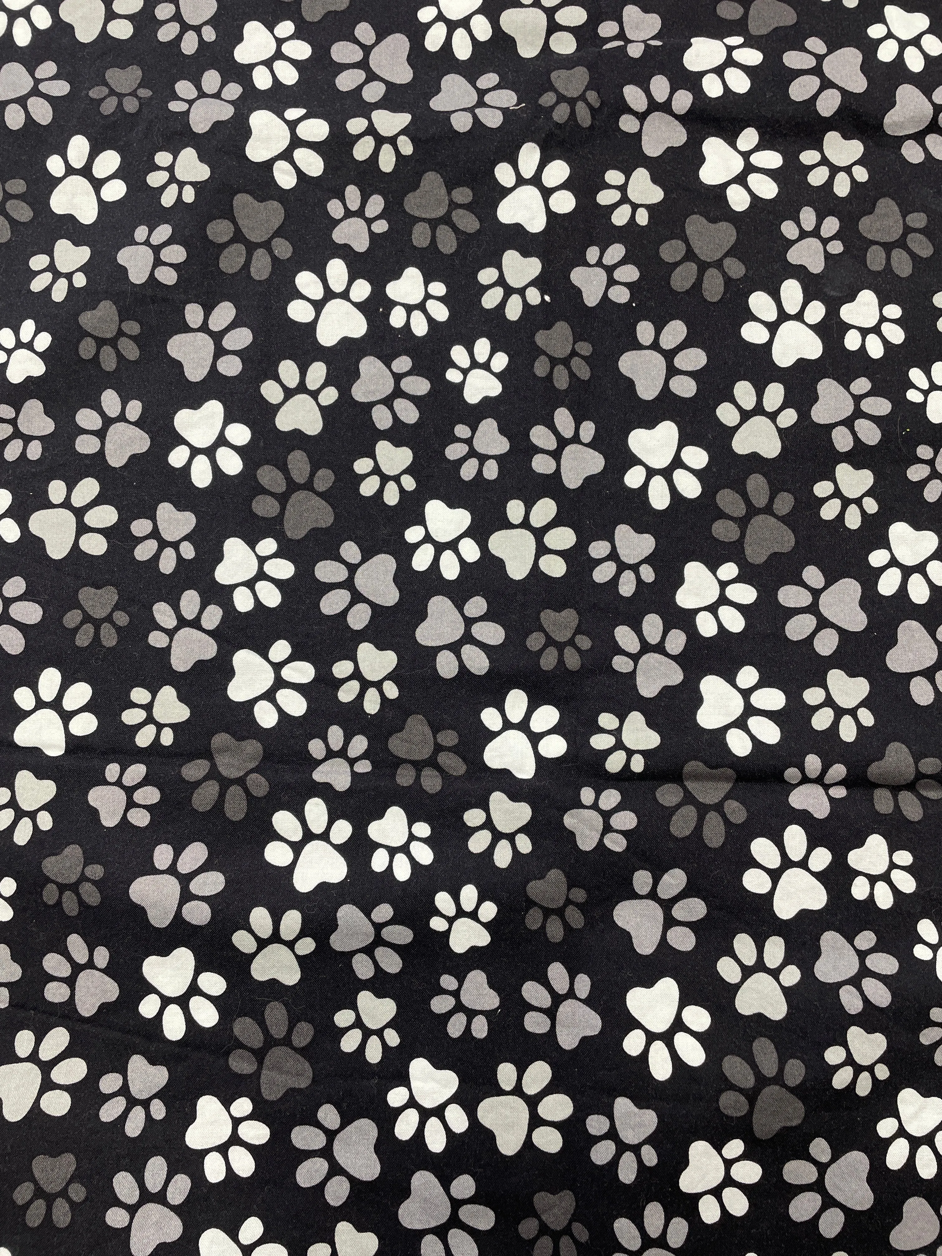 1 YD Quilting Cotton EXTRA WIDE - Black with Paw Prints in White and Grays