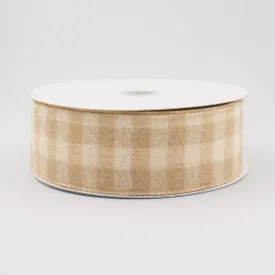 1.5" Flannel Gingham Check Plaid Ribbon: Tan & Ivory (10 Yards)