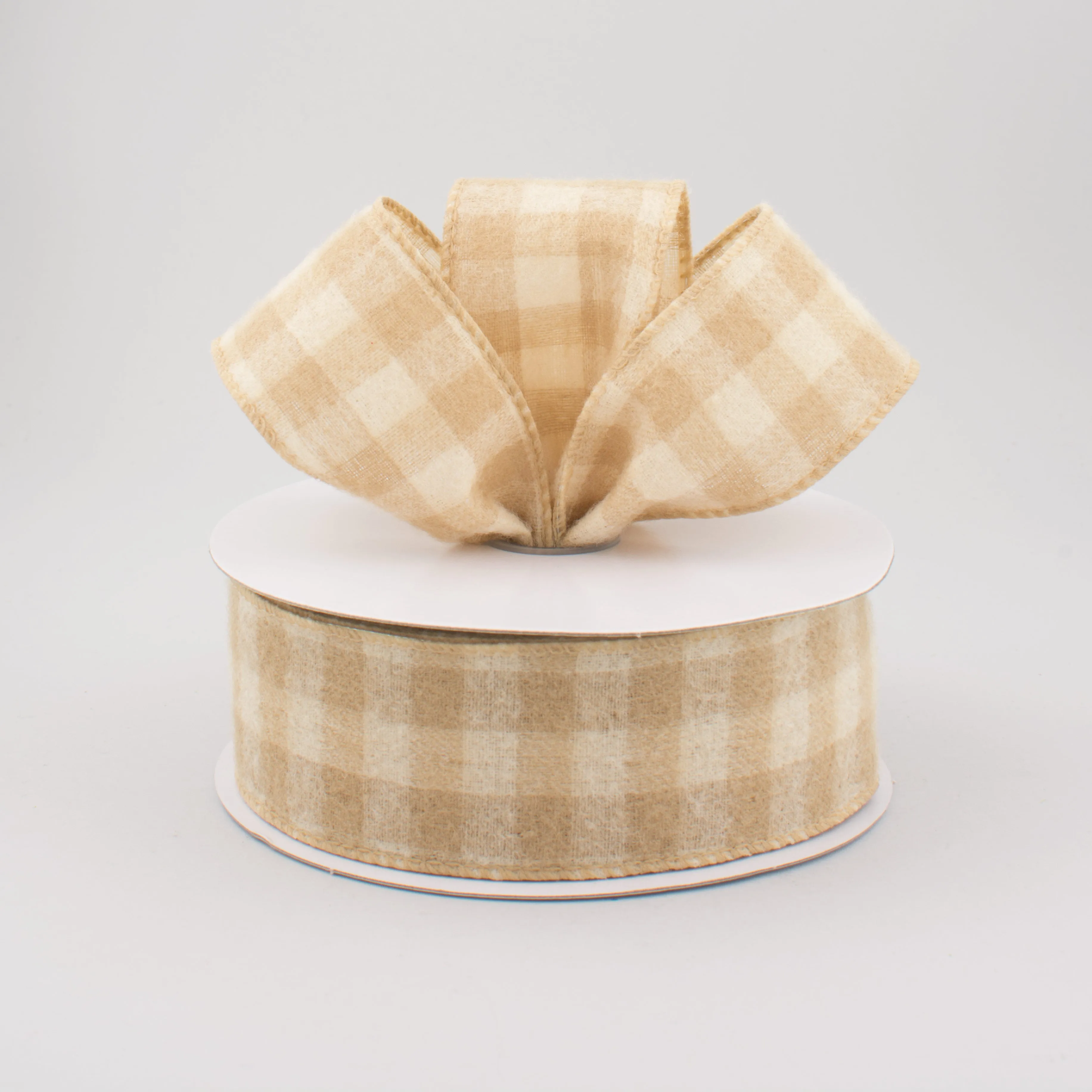 1.5" Flannel Gingham Check Plaid Ribbon: Tan & Ivory (10 Yards)