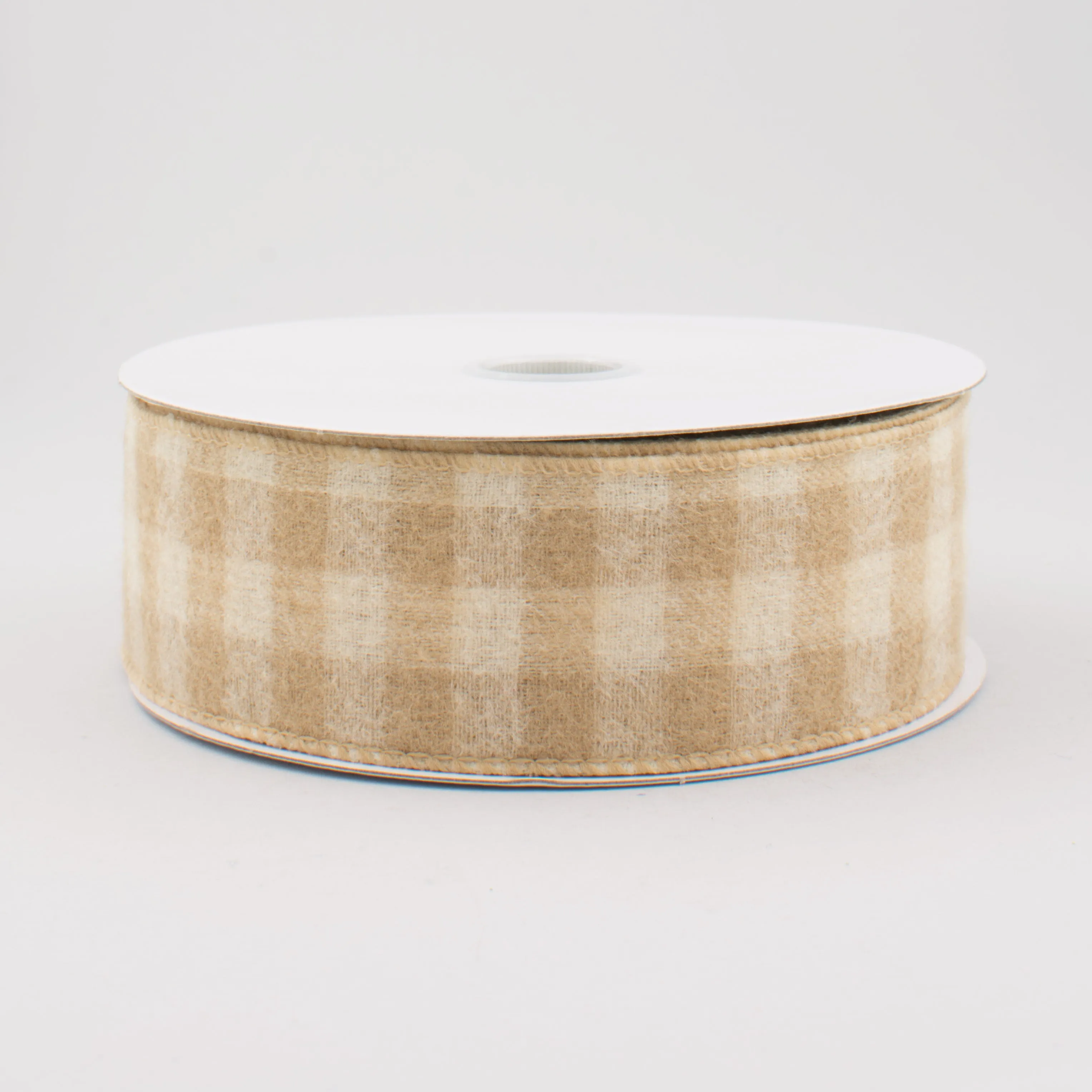 1.5" Flannel Gingham Check Plaid Ribbon: Tan & Ivory (10 Yards)