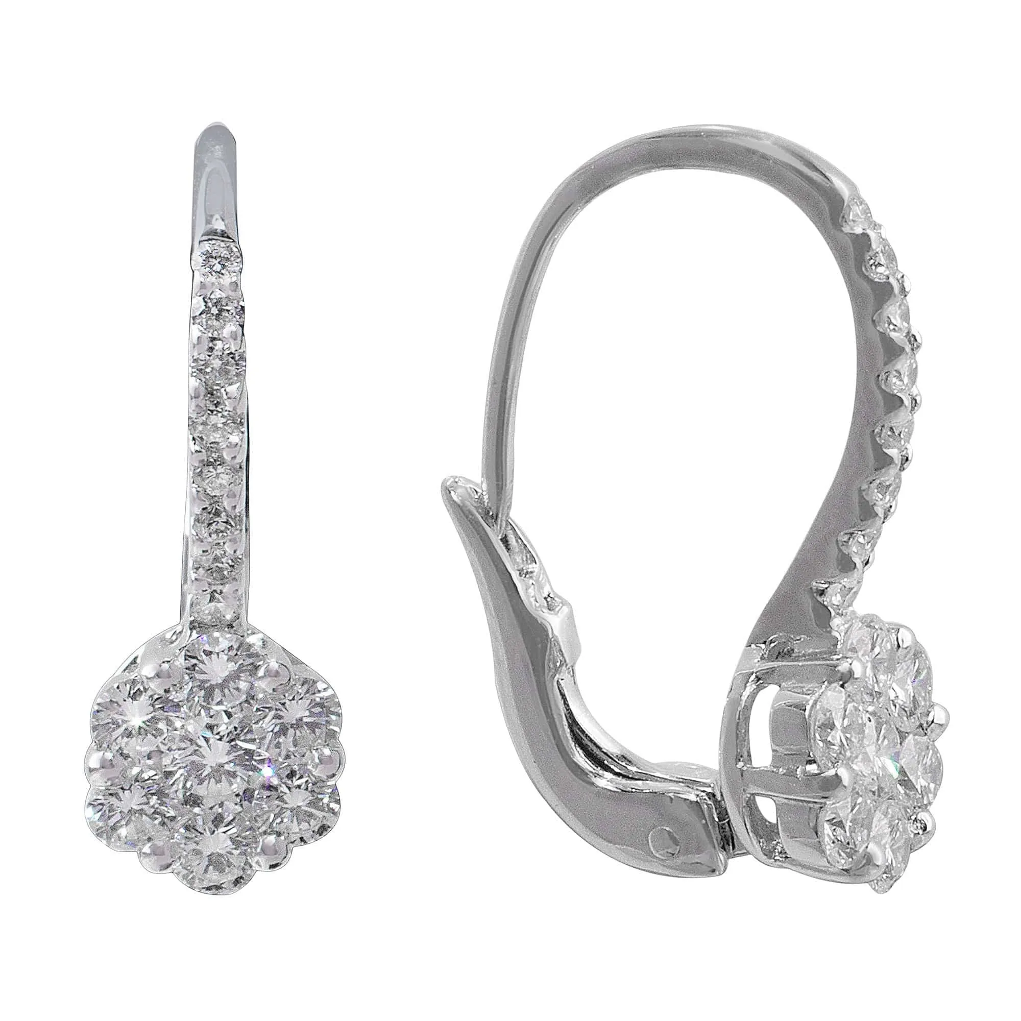 18k White Gold Diamond Flower Lever Back Earrings