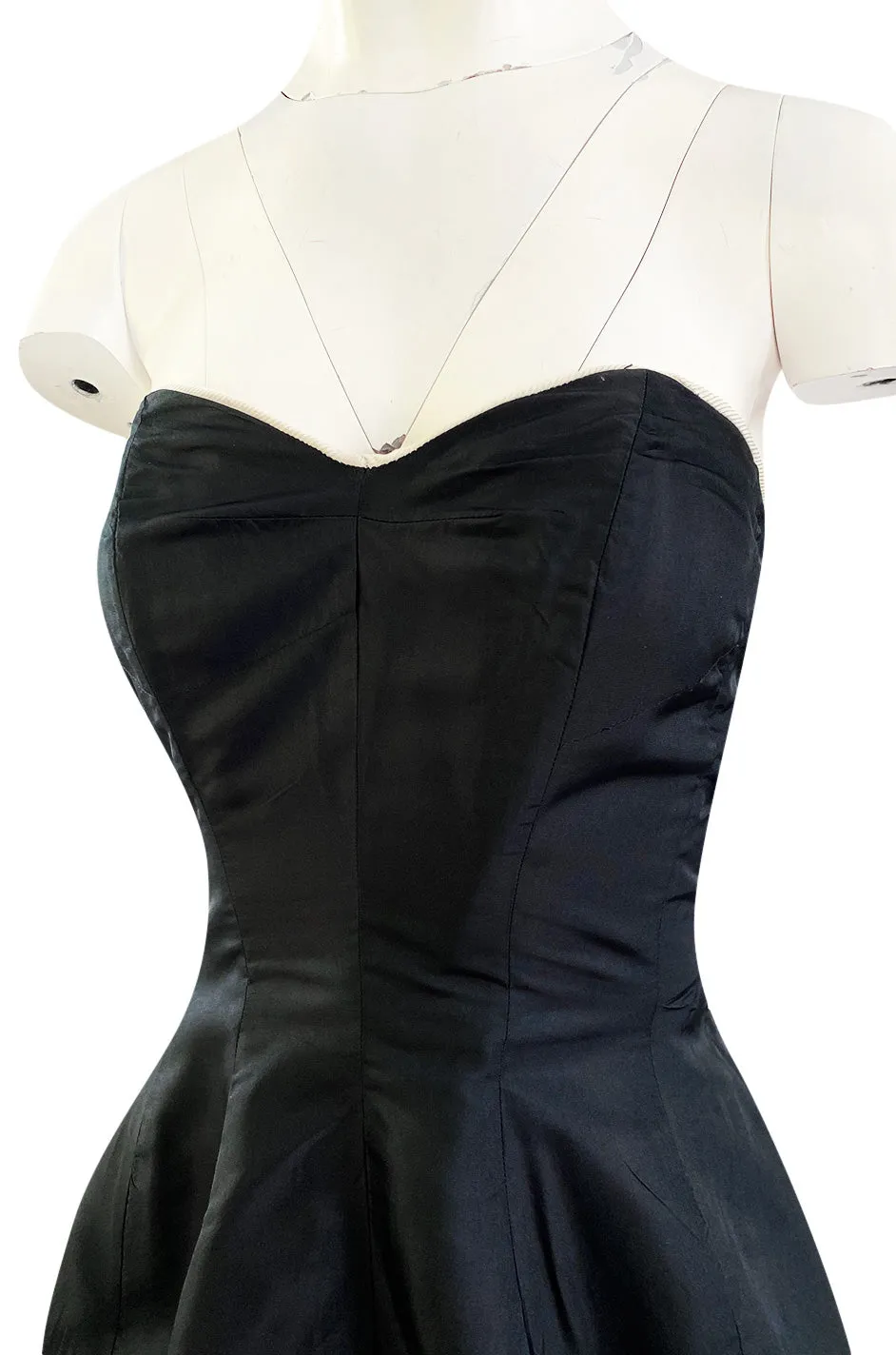 1950s Bonwit Teller Strapless Black Silk Dress w White Edging & Full Skirt