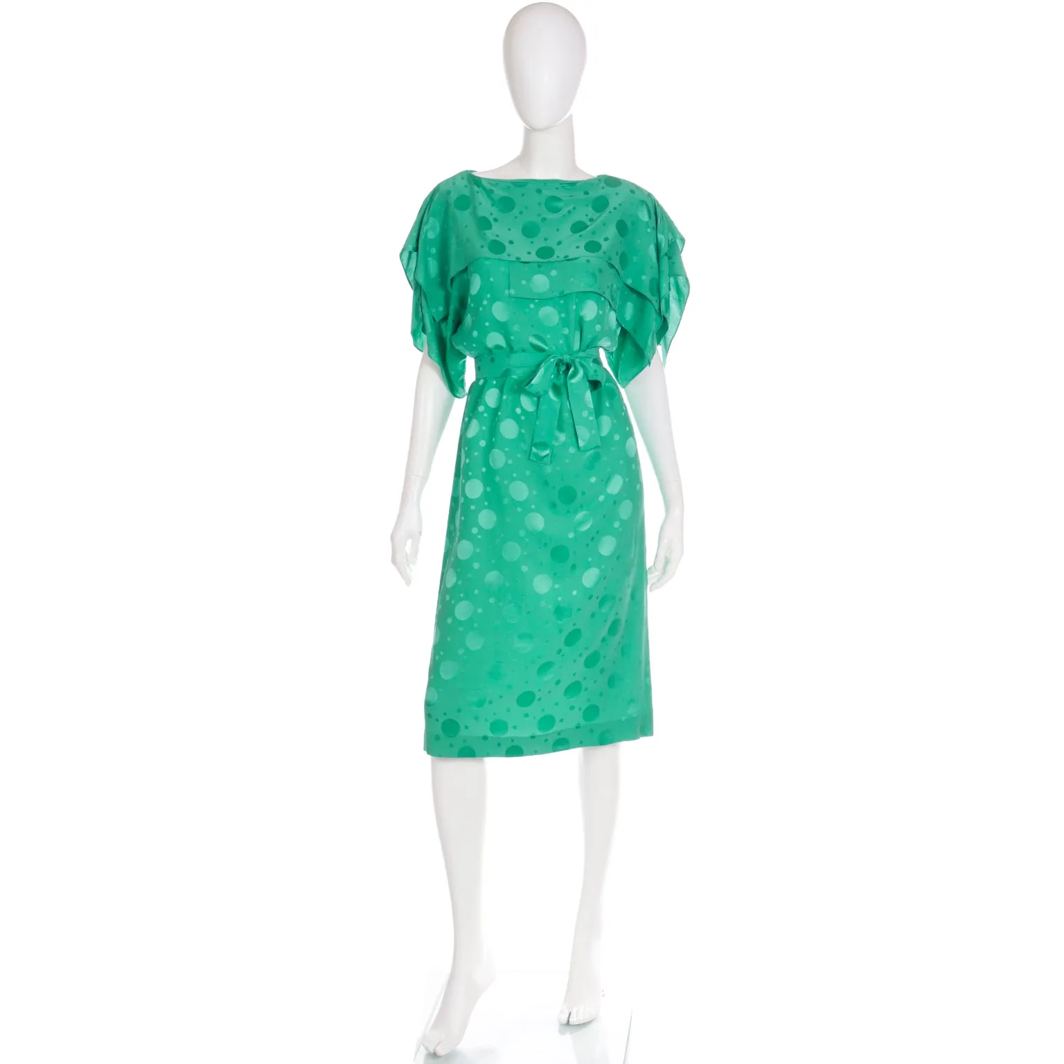 1970s Green Silk Tonal Dot Print Dress w Tiered Sleeves & Sash Belt