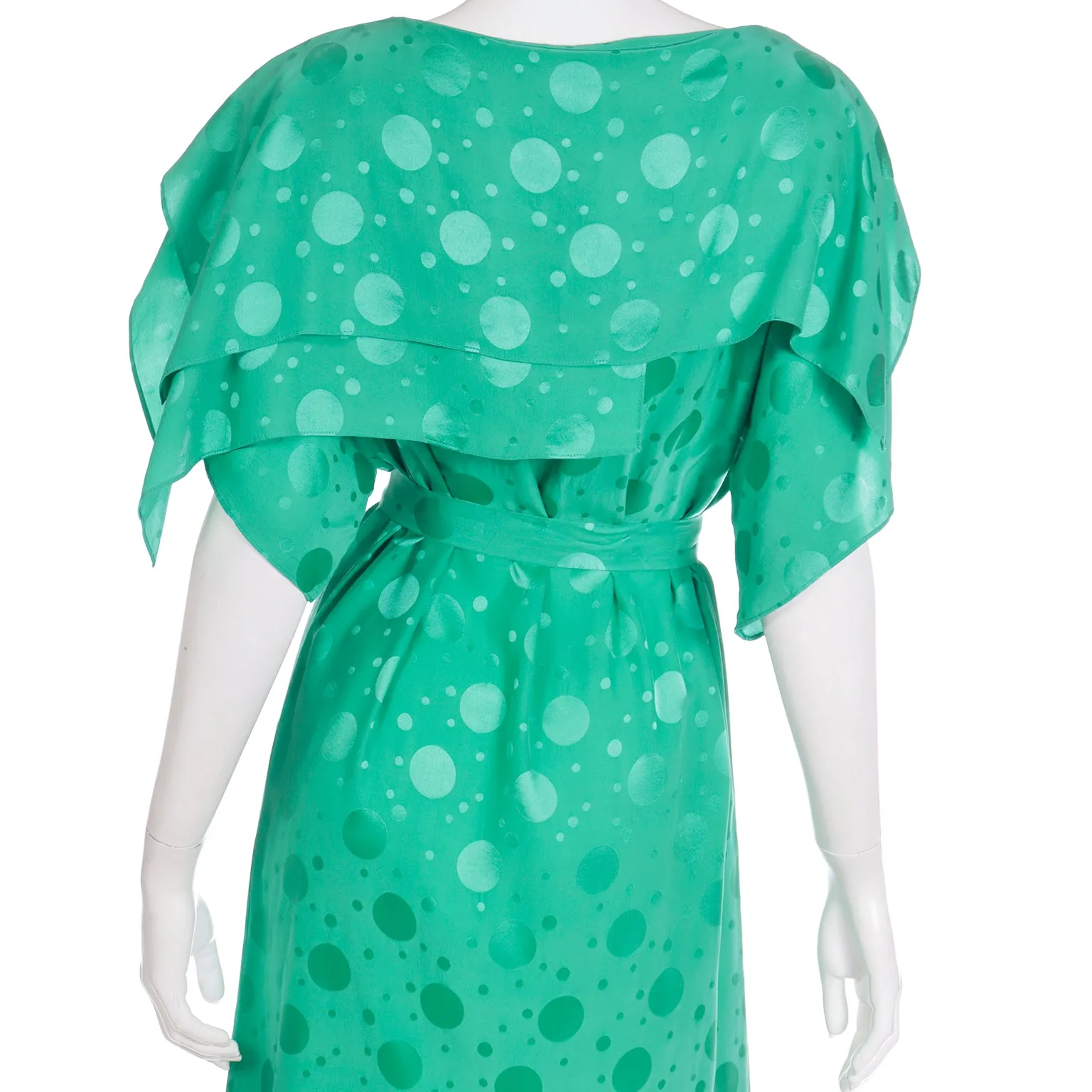 1970s Green Silk Tonal Dot Print Dress w Tiered Sleeves & Sash Belt