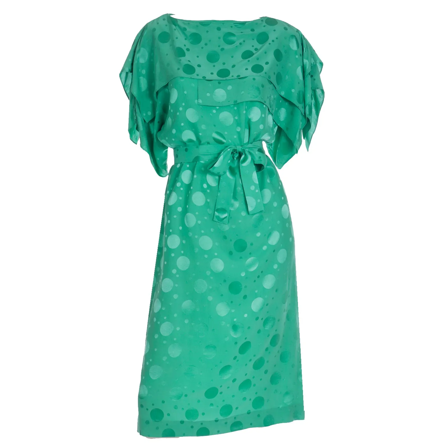 1970s Green Silk Tonal Dot Print Dress w Tiered Sleeves & Sash Belt