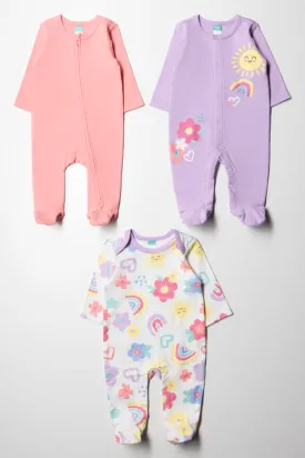 3 Pack Babygrows Pink, Lilac & Cream