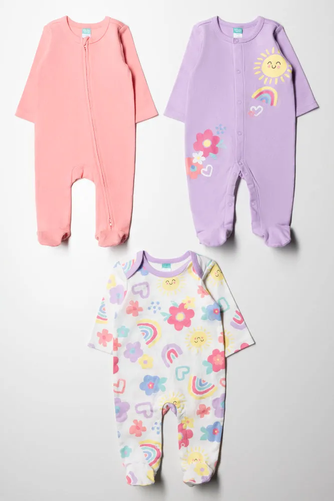 3 Pack Babygrows Pink, Lilac & Cream