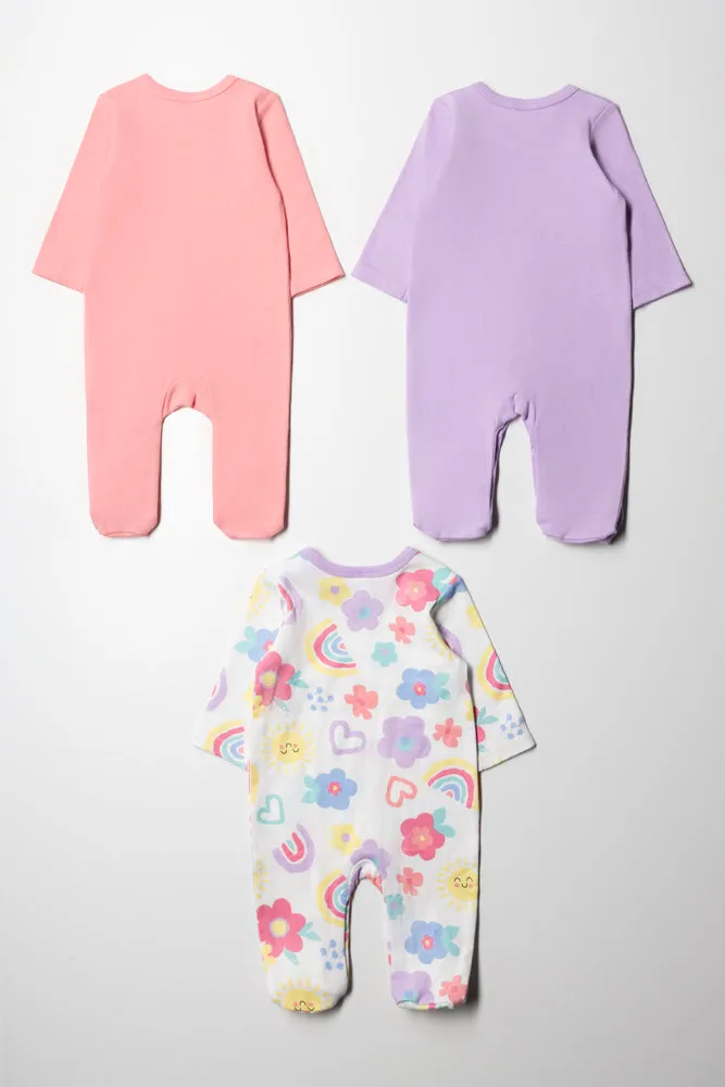 3 Pack Babygrows Pink, Lilac & Cream