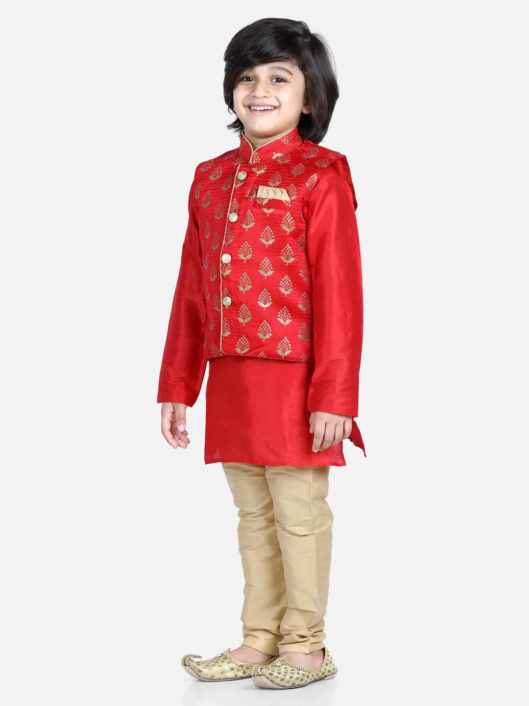 3 Piece Jacquard Jacket Silk Kurta Pajama For Boys-Red