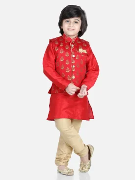 3 Piece Jacquard Jacket Silk Kurta Pajama For Boys-Red