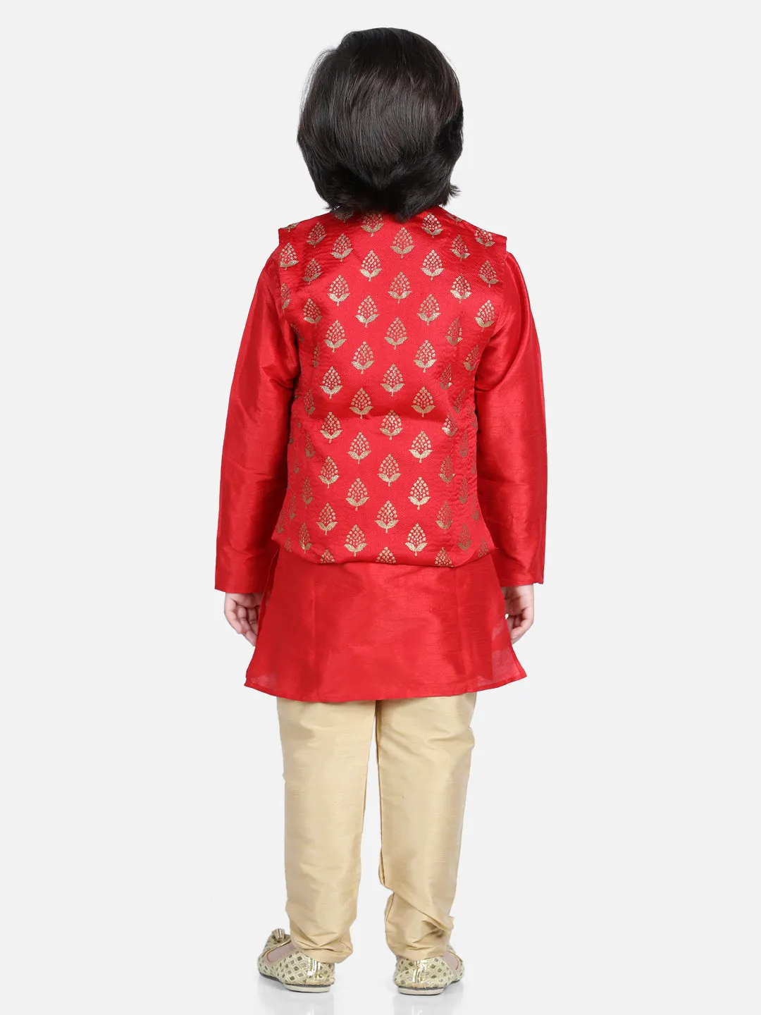 3 Piece Jacquard Jacket Silk Kurta Pajama For Boys-Red