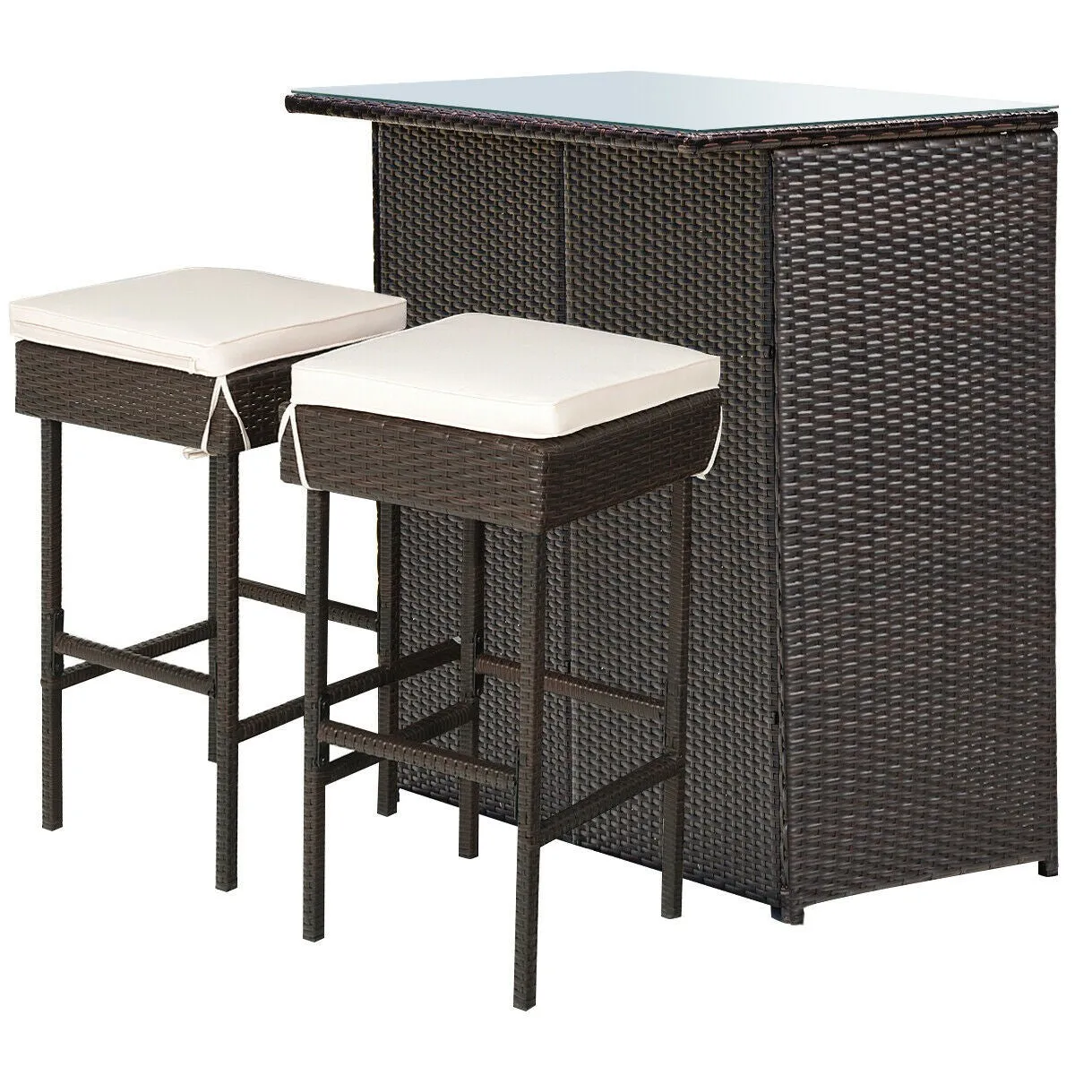 3pc Patio Rattan Bar Table Dining Set - Beige