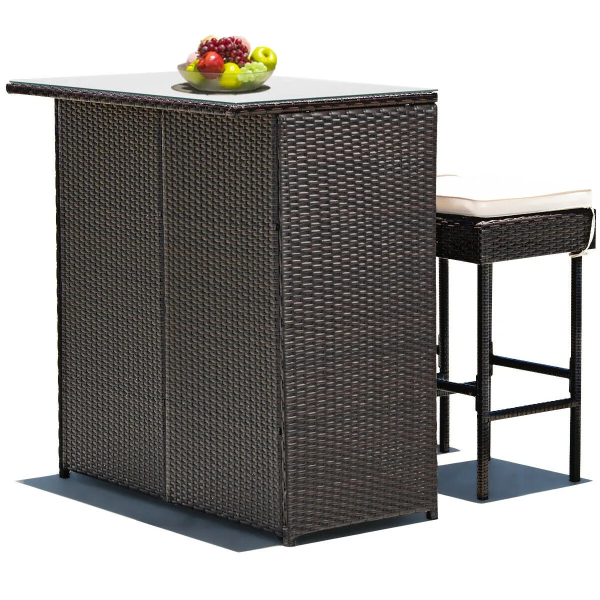 3pc Patio Rattan Bar Table Dining Set - Beige