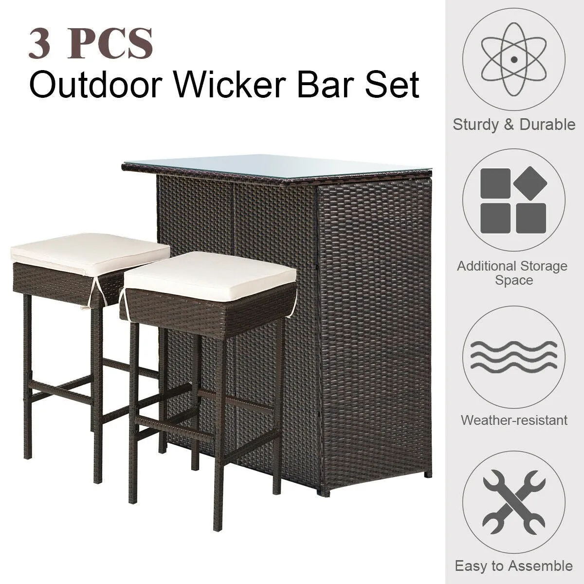 3pc Patio Rattan Bar Table Dining Set - Beige