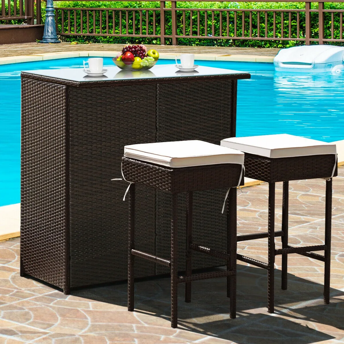 3pc Patio Rattan Bar Table Dining Set - Beige