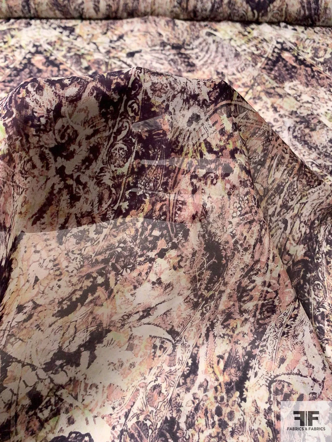 Abstract Bohemian Paisley Printed Silk Georgette - Eggplant / Dusty Rose / Lime / Off-White