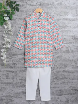 Ahhaaaa Kid's Boys Traditional Ethnic Wear Handloom Printed Cotton Kurta with White Pyjama Set