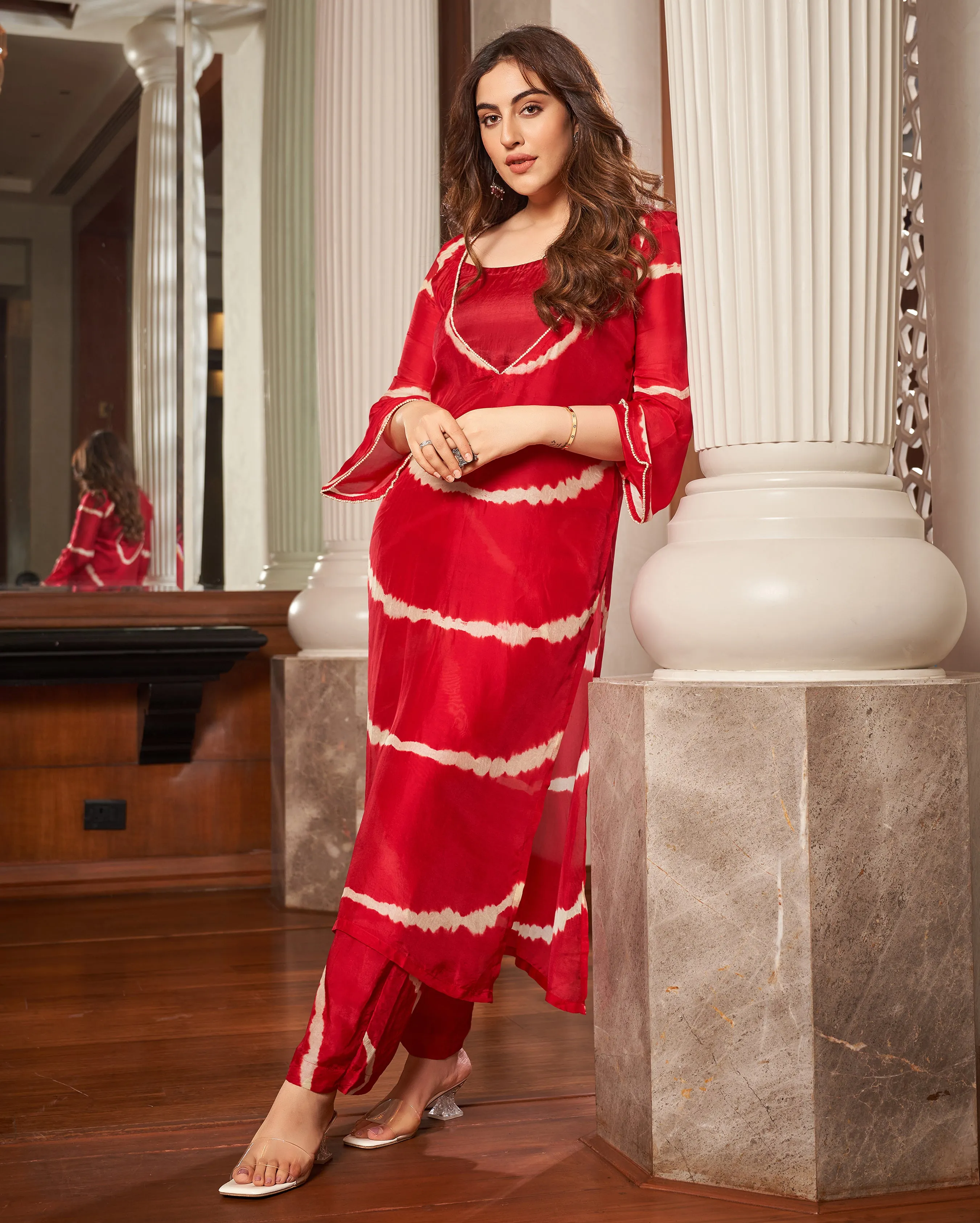 Anavila Red Leheriya Silk Kurta Set