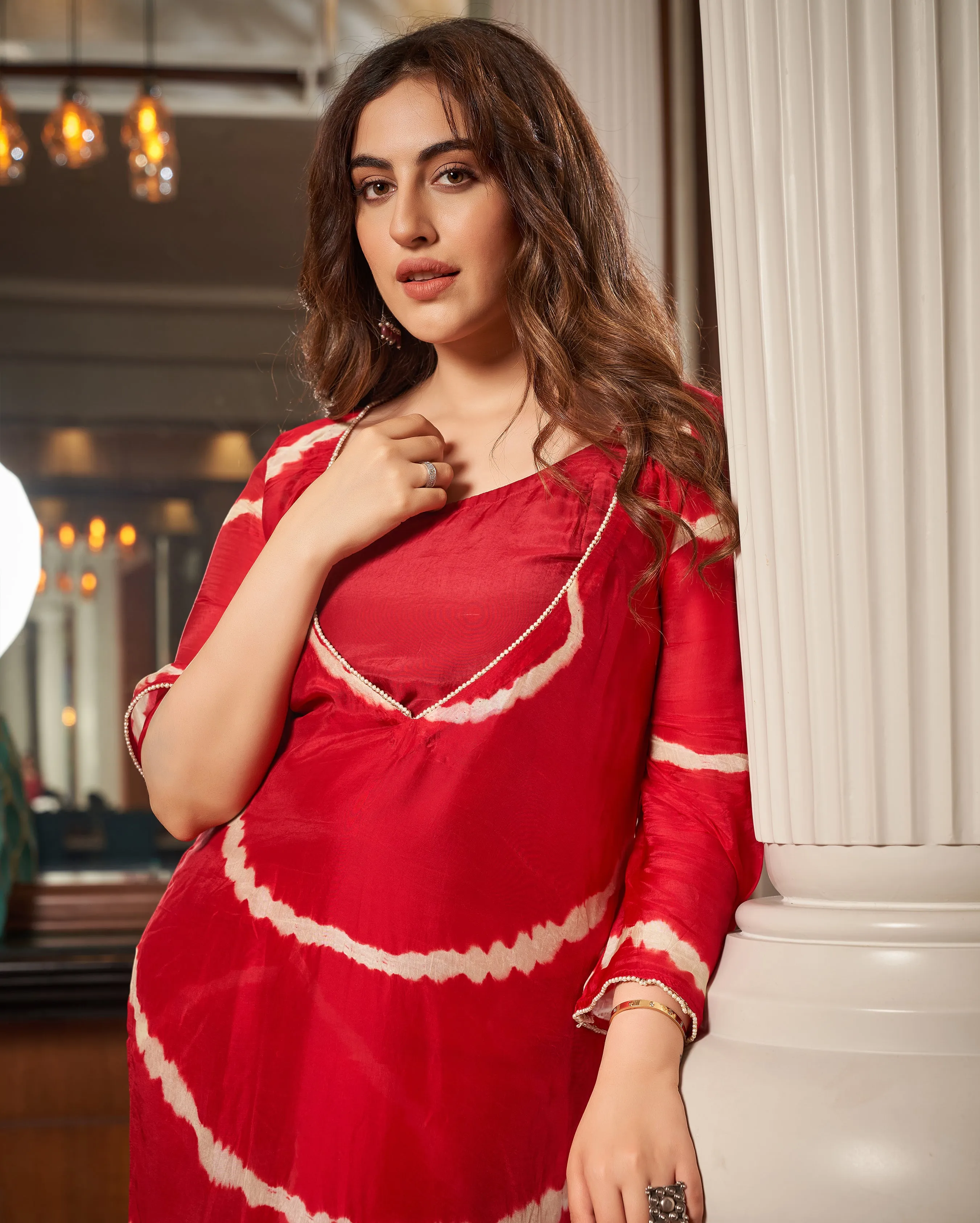 Anavila Red Leheriya Silk Kurta Set