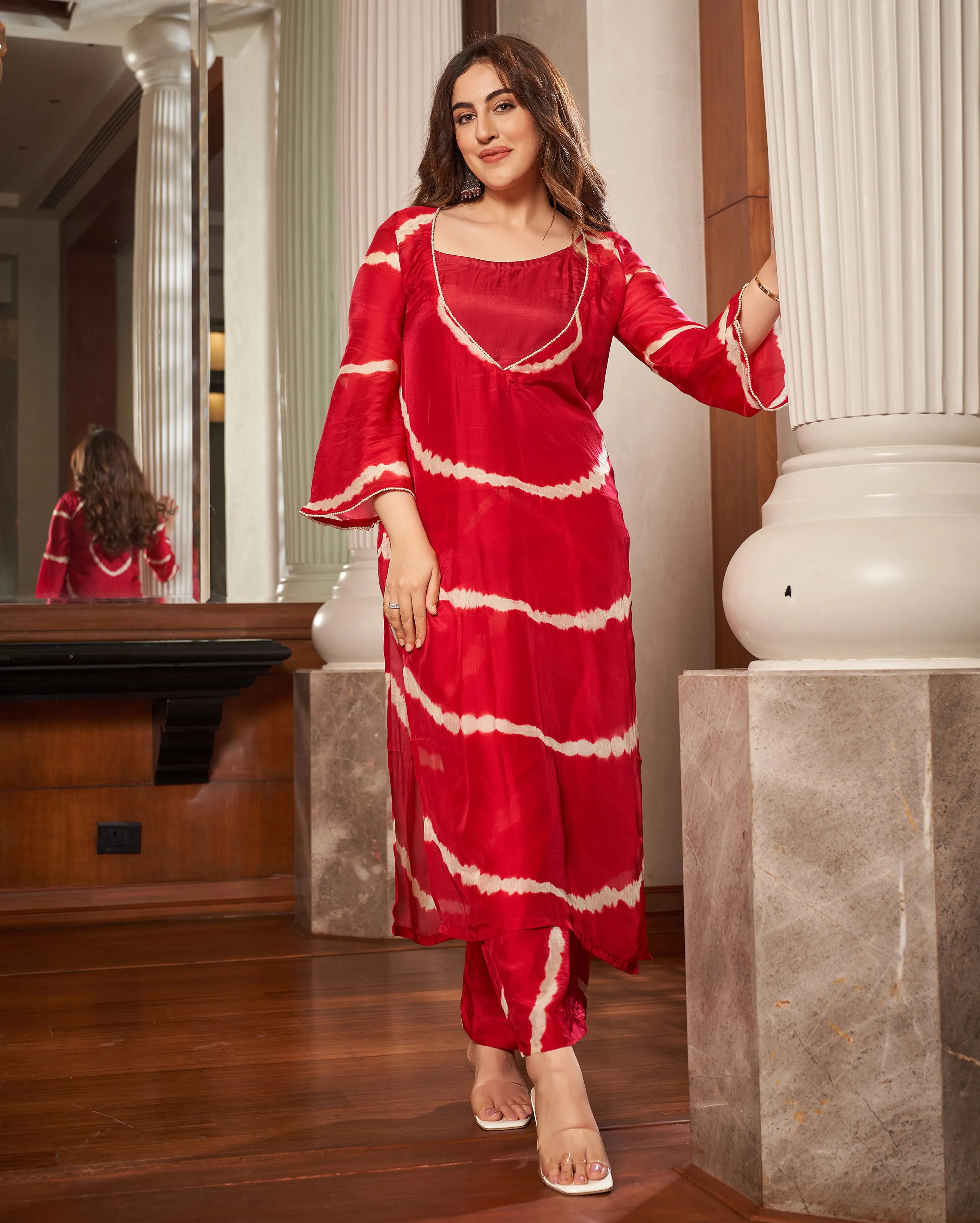 Anavila Red Leheriya Silk Kurta Set