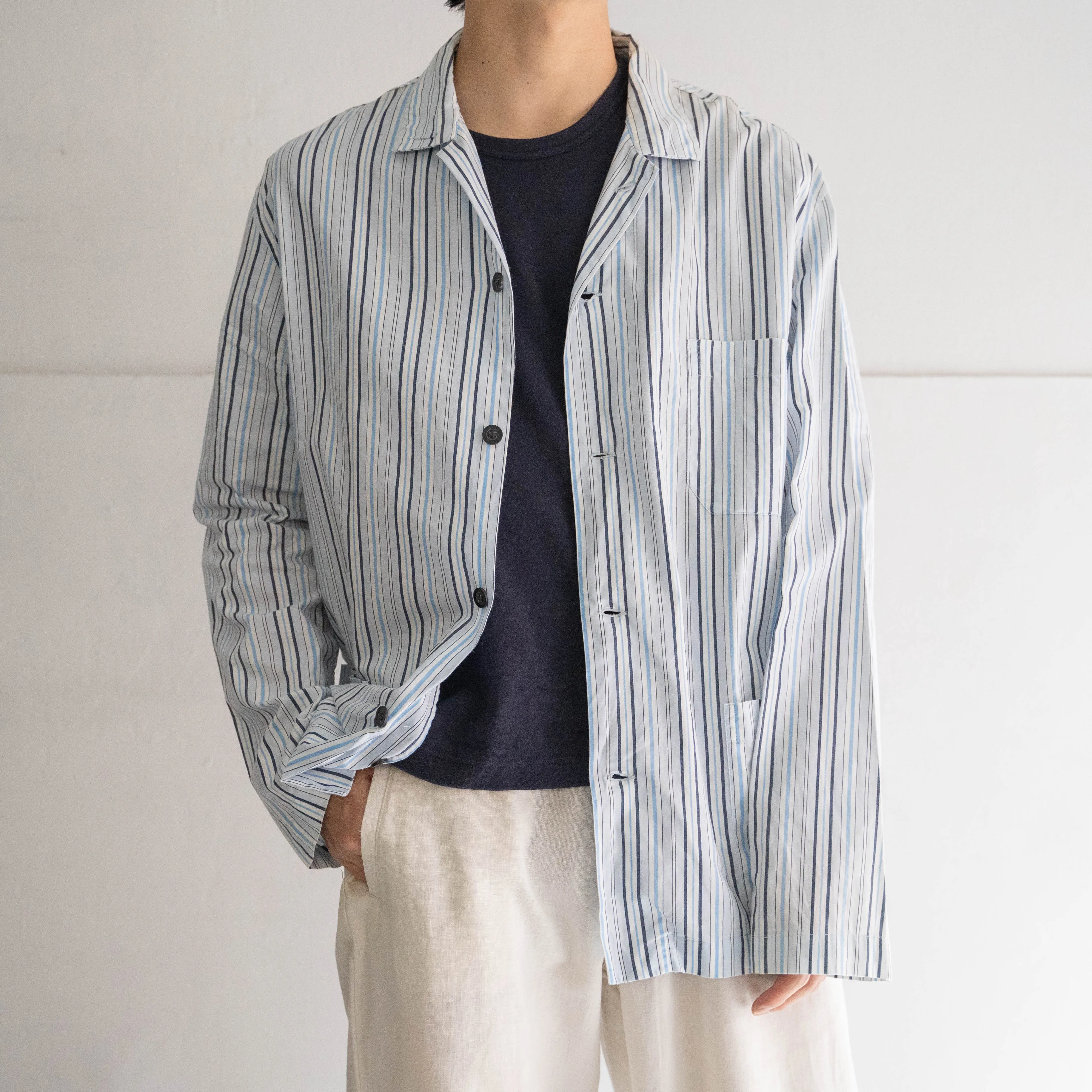 around 1990s blue based cotton multi stripe pajama shirt