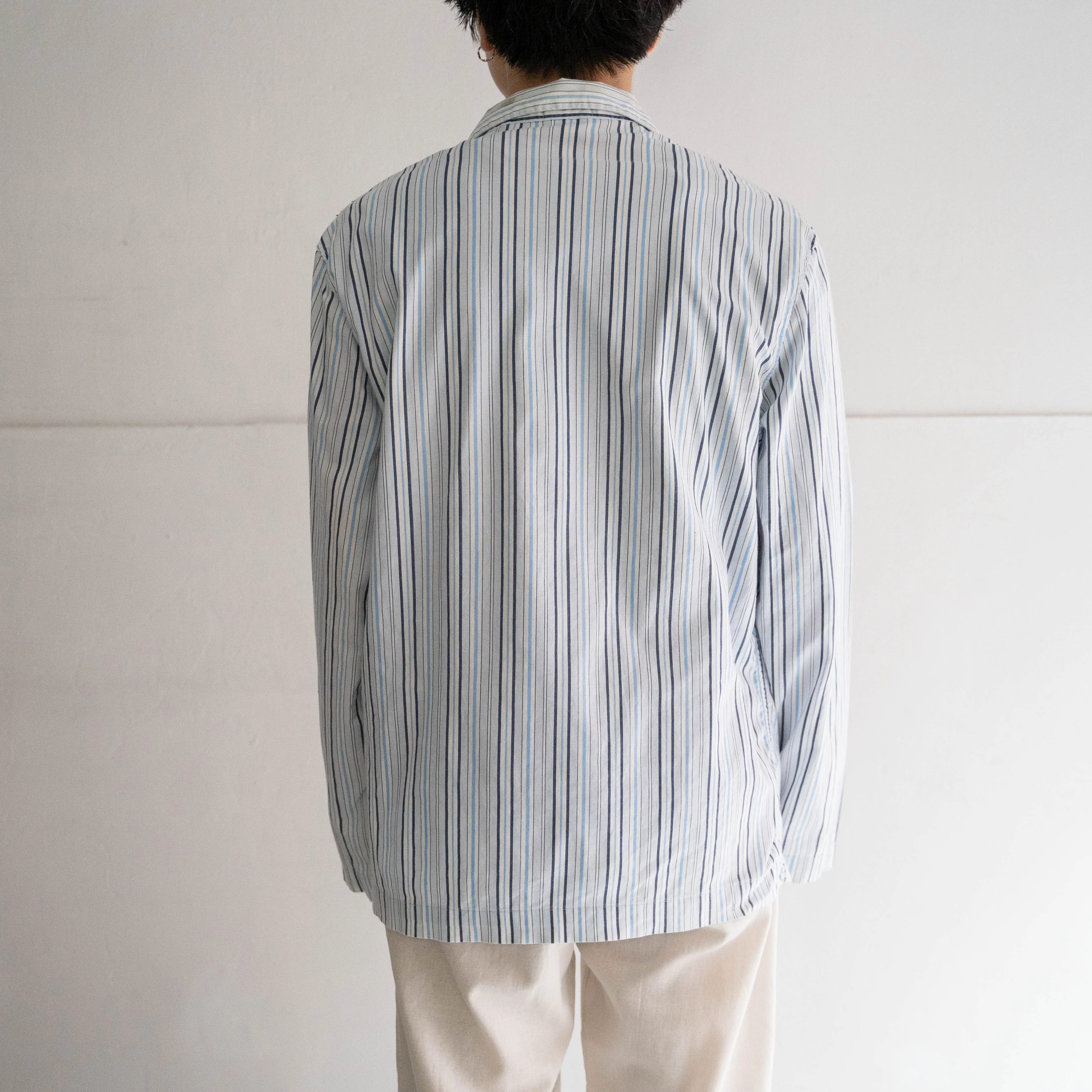 around 1990s blue based cotton multi stripe pajama shirt