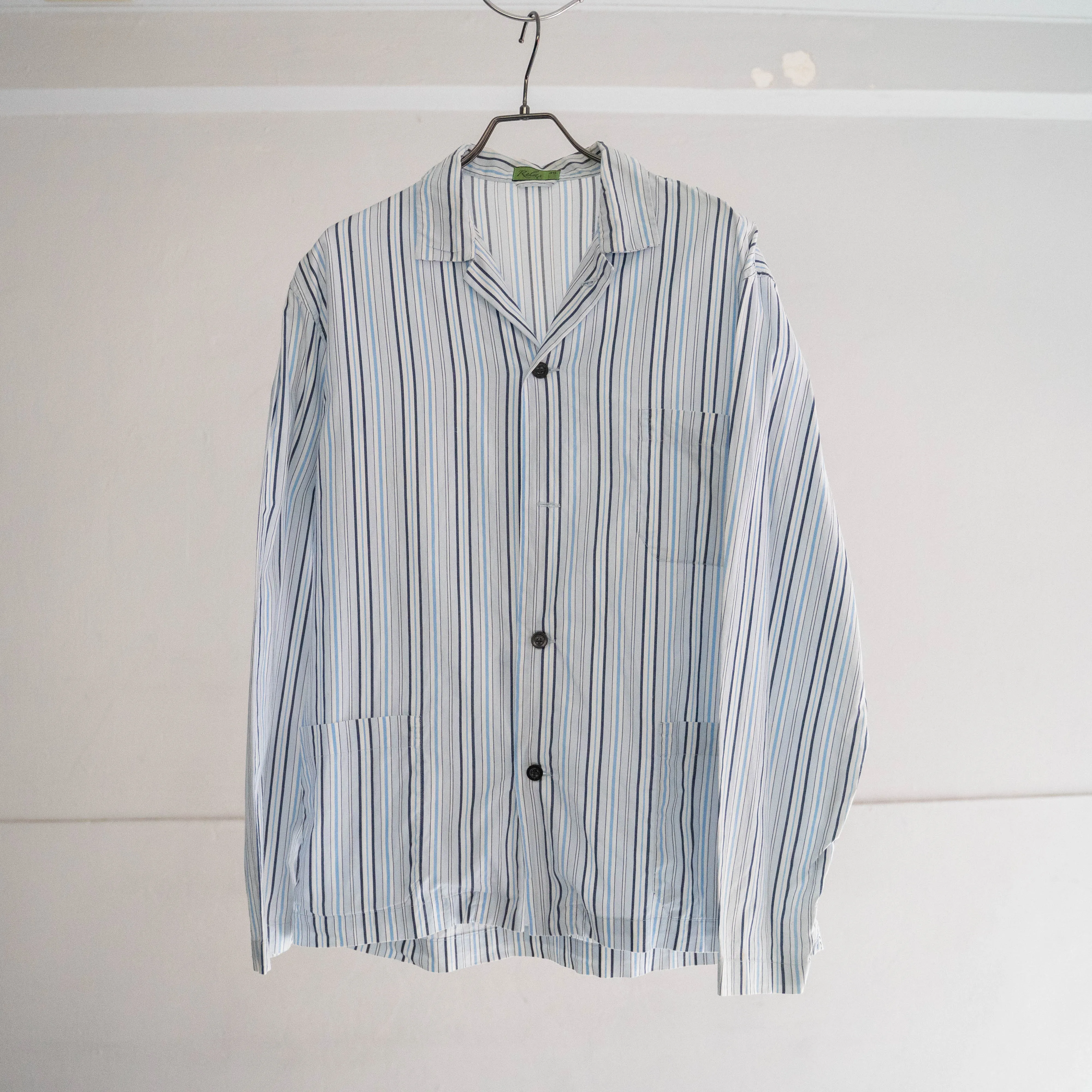 around 1990s blue based cotton multi stripe pajama shirt