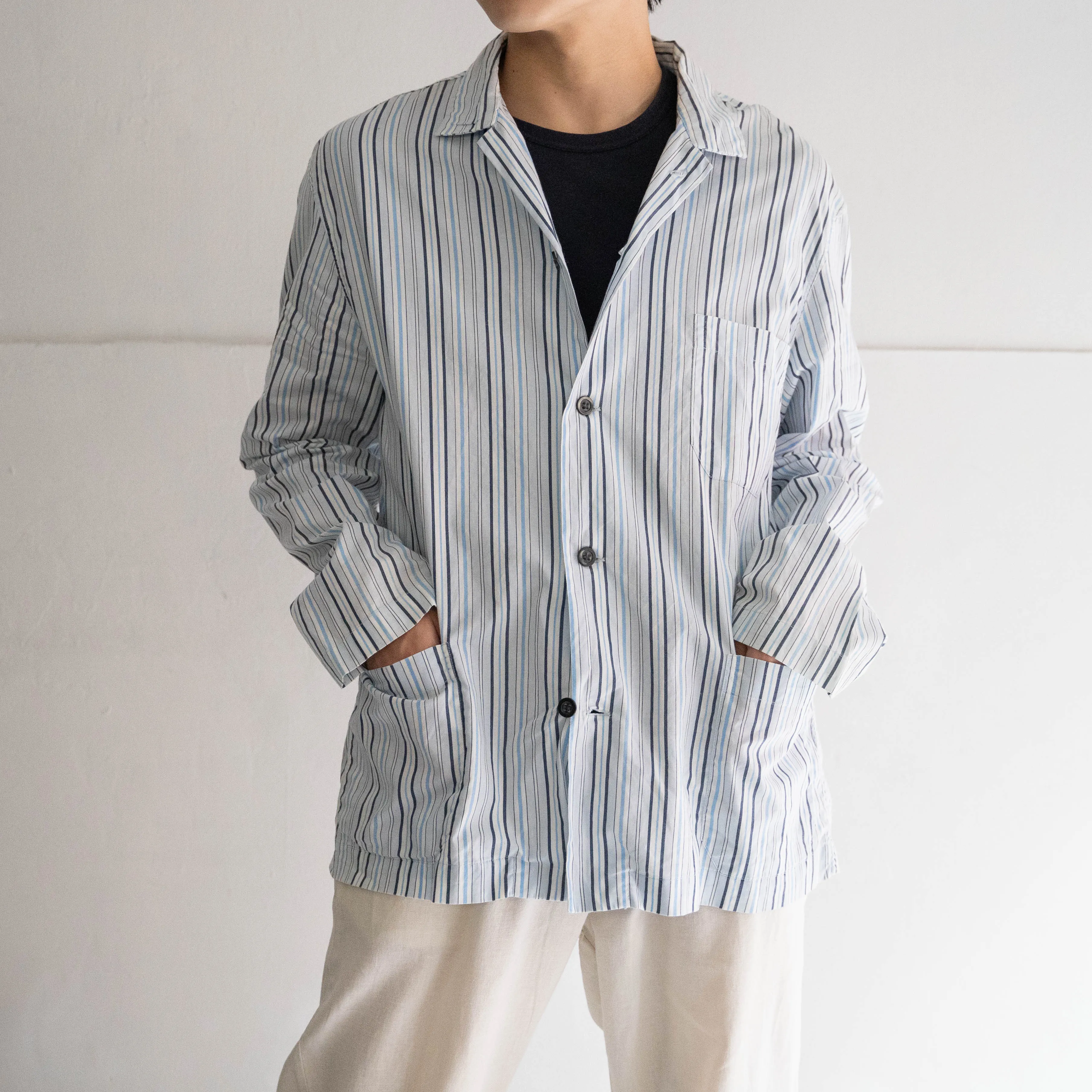 around 1990s blue based cotton multi stripe pajama shirt