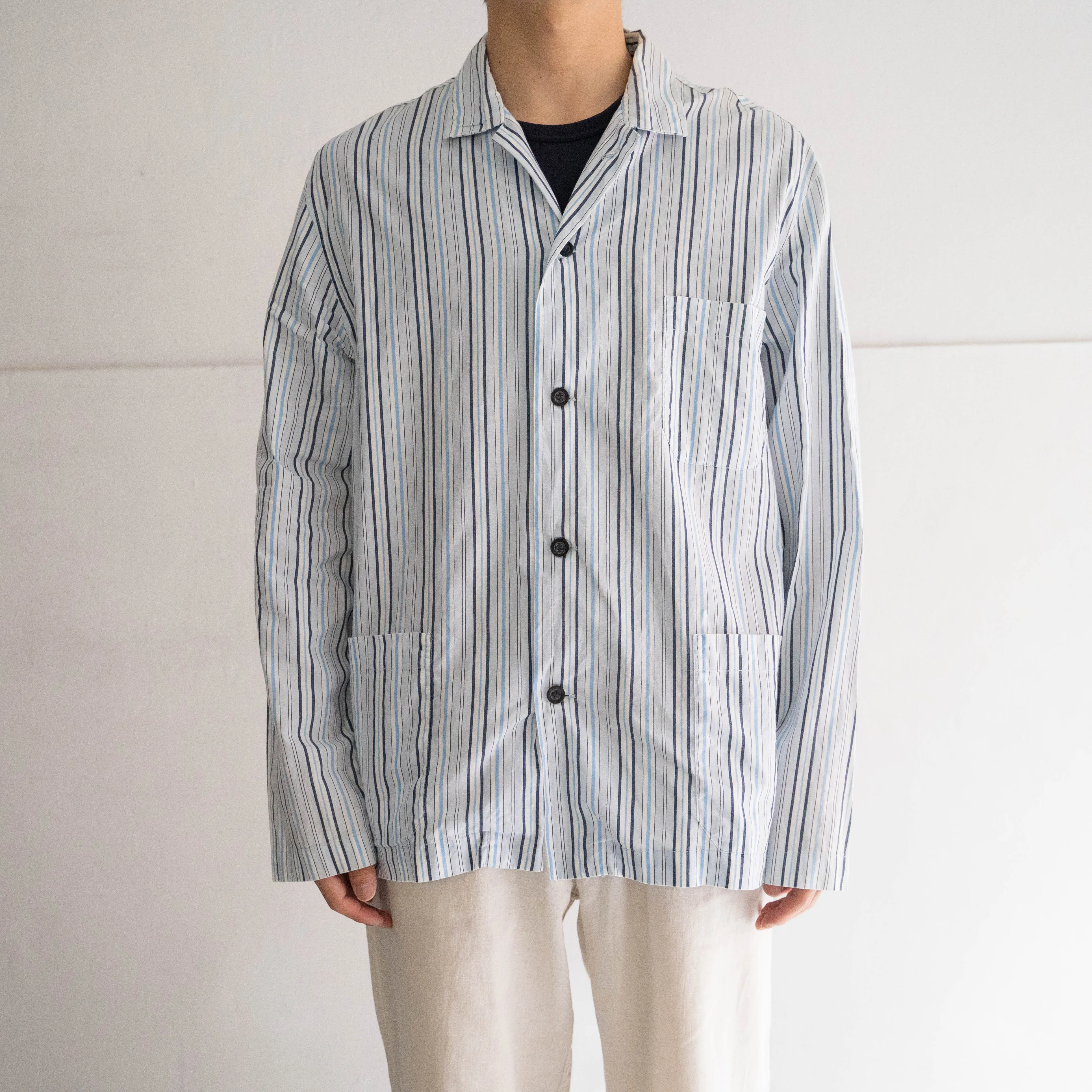 around 1990s blue based cotton multi stripe pajama shirt