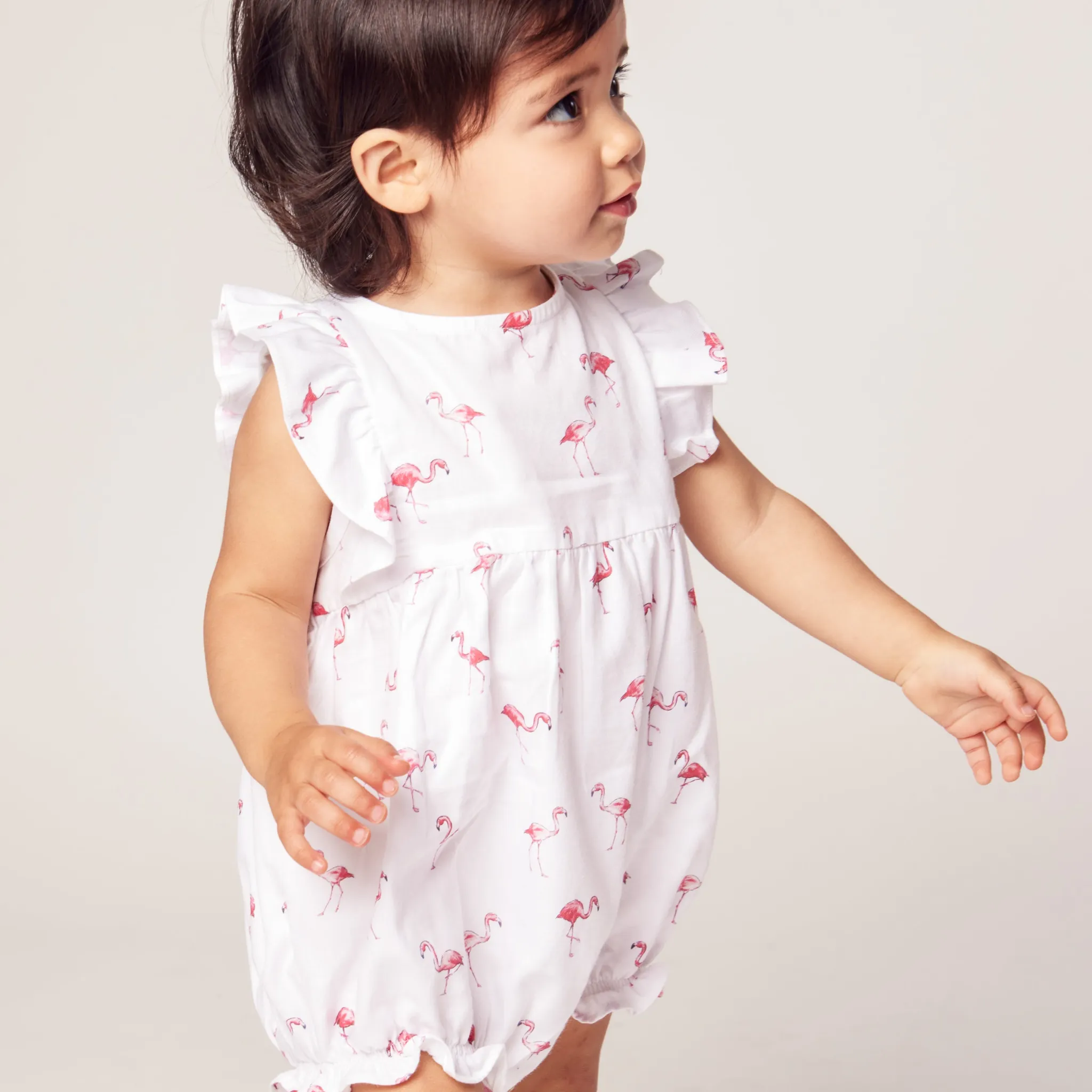 Baby's Twill Ruffled Romper in Flamingos