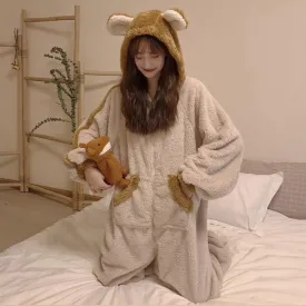 Bear Hooded Coral Velvet Jumpsuit Pajama