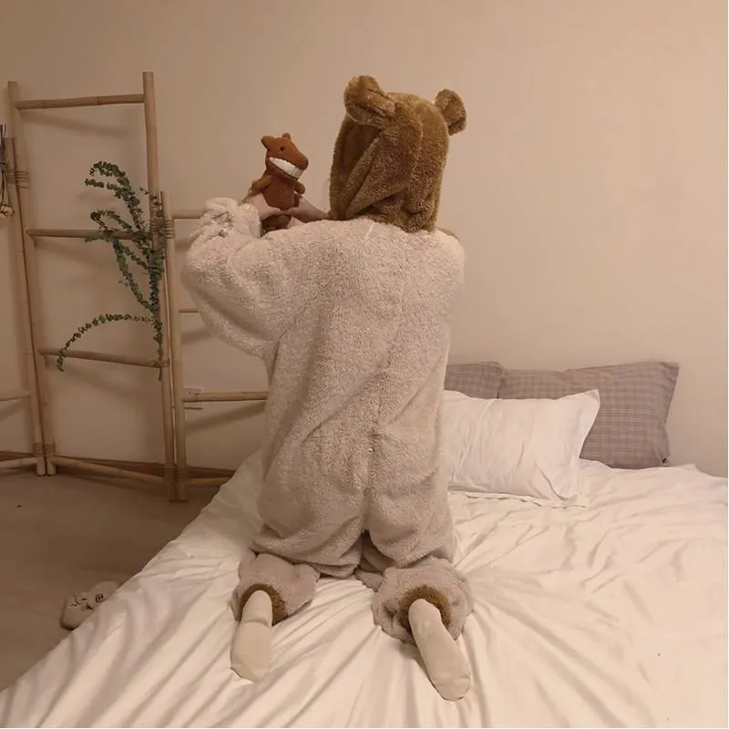 Bear Hooded Coral Velvet Jumpsuit Pajama