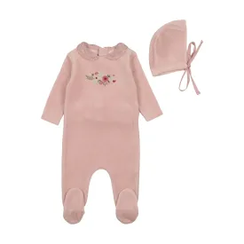 Bee & Dee Creme Pink Embroidered Flowers Footie   Bonnet