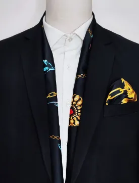 BLACK & GOLD CHAIN PATTERN - SILK SCARF AND POCKET SQUARE SET