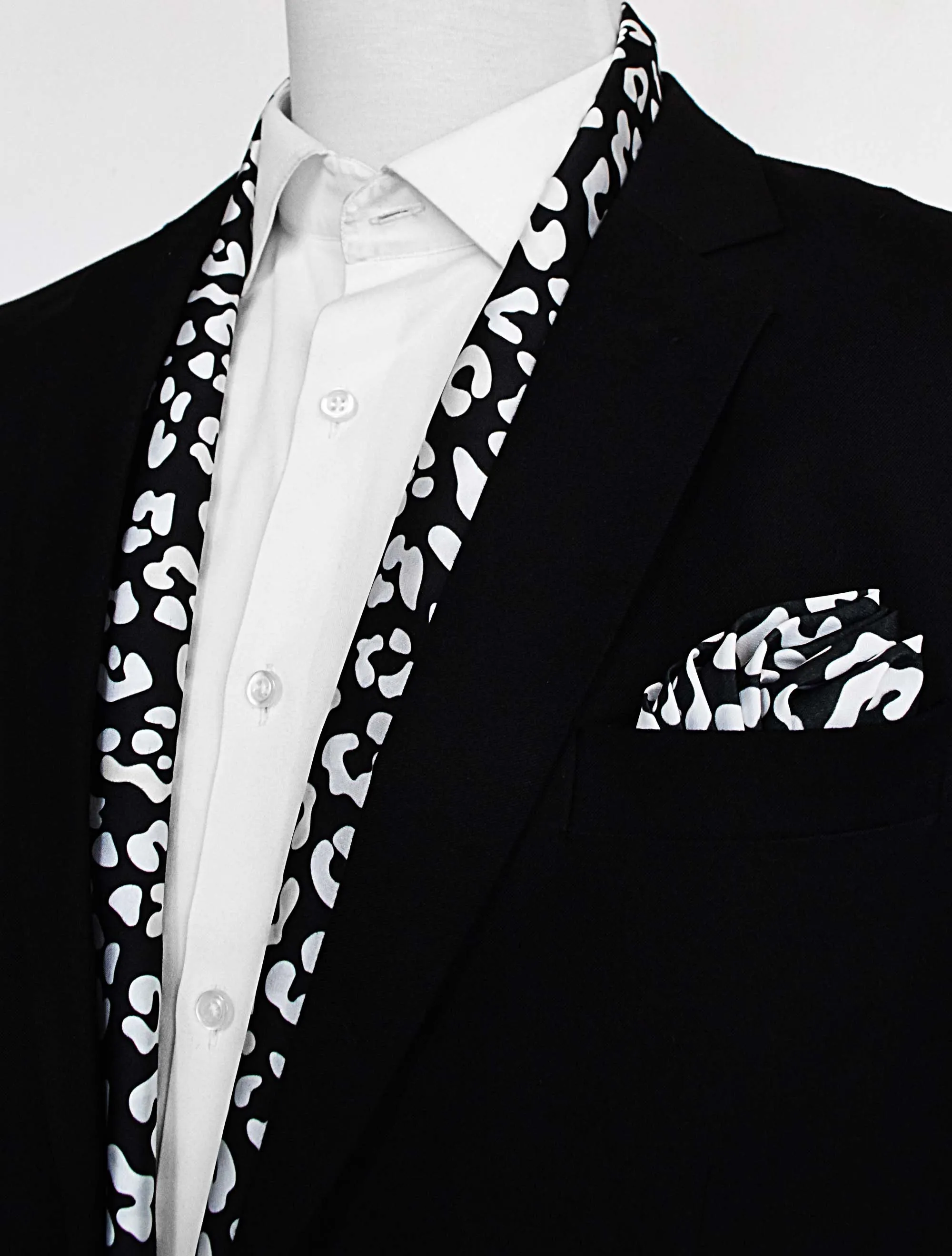 BLACK AND WHITE LEOPARD SILK Scarf And POCKET SQUARE Set