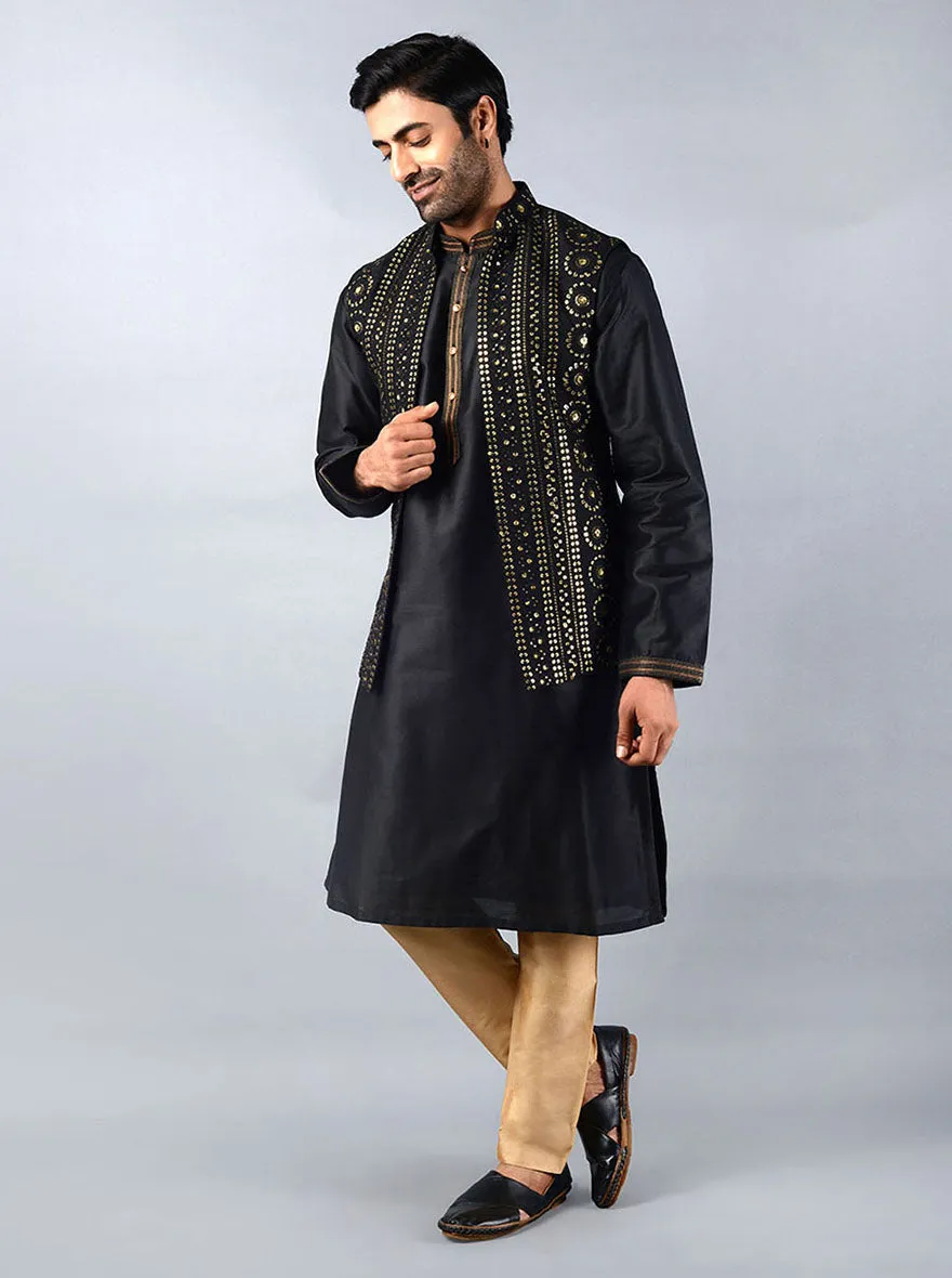 Black Embroidered Regular Fit Kurta Set with Jacket | TULA