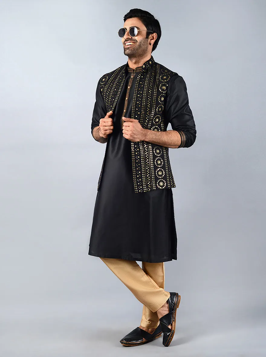 Black Embroidered Regular Fit Kurta Set with Jacket | TULA