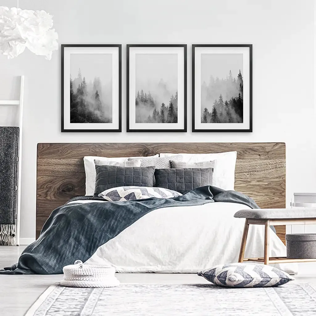 Black White Misty Forest Wall Art Set of 3