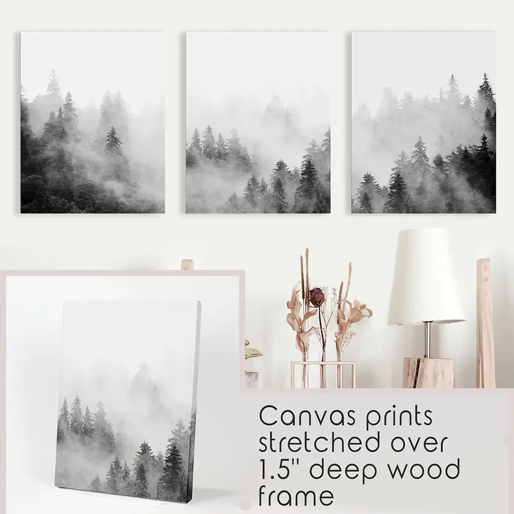 Black White Misty Forest Wall Art Set of 3