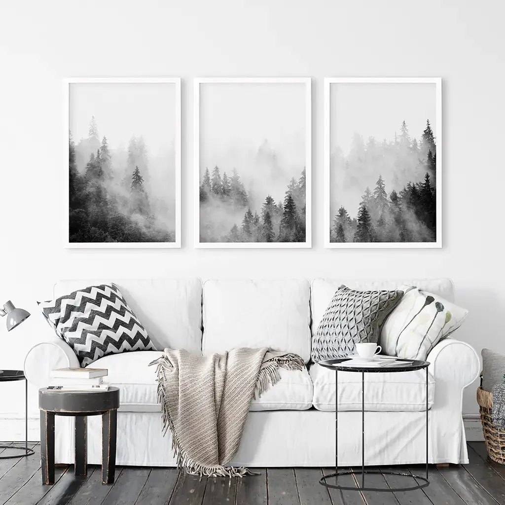 Black White Misty Forest Wall Art Set of 3