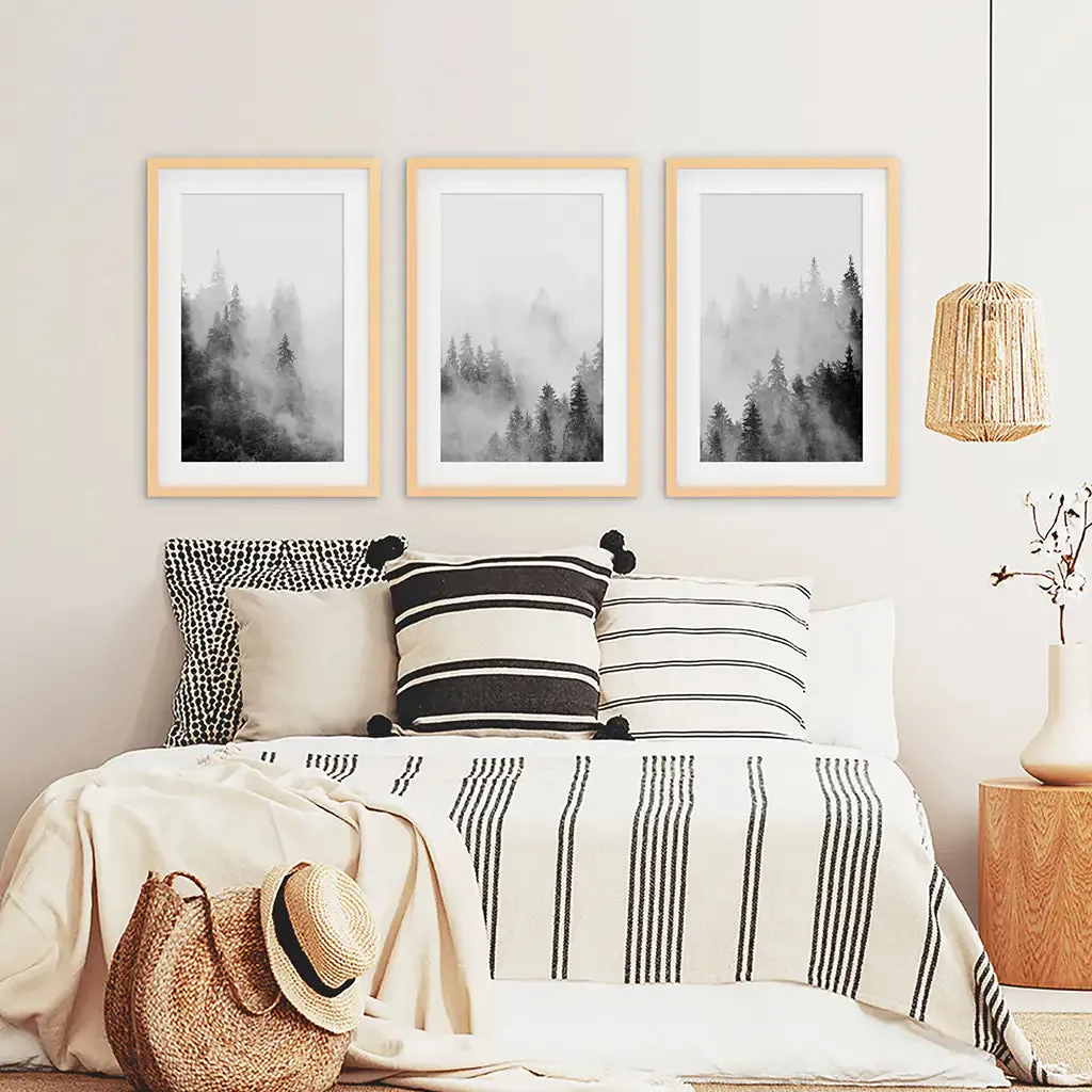 Black White Misty Forest Wall Art Set of 3