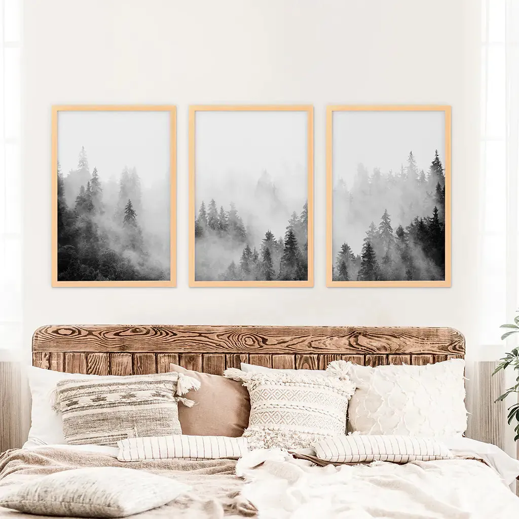 Black White Misty Forest Wall Art Set of 3