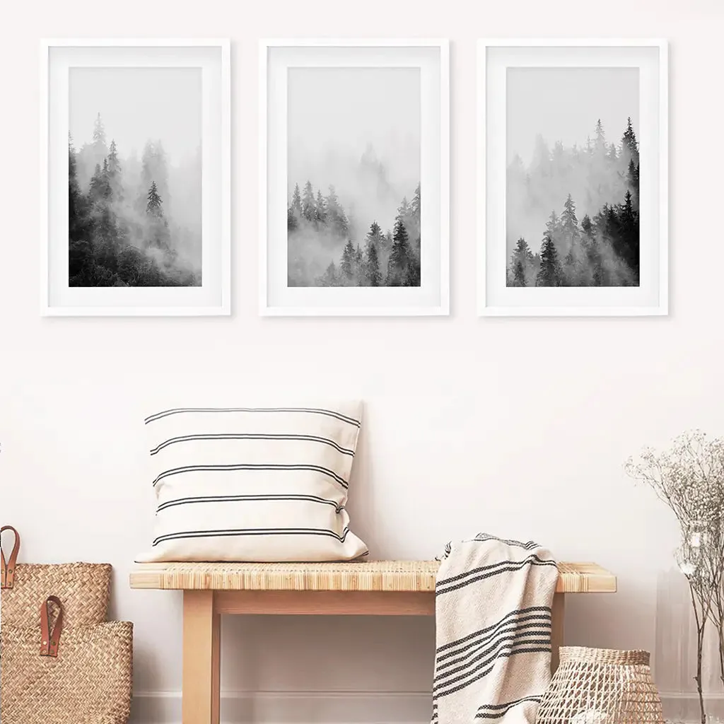 Black White Misty Forest Wall Art Set of 3