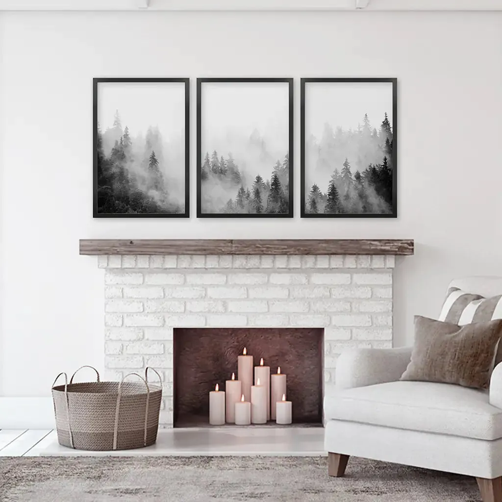 Black White Misty Forest Wall Art Set of 3