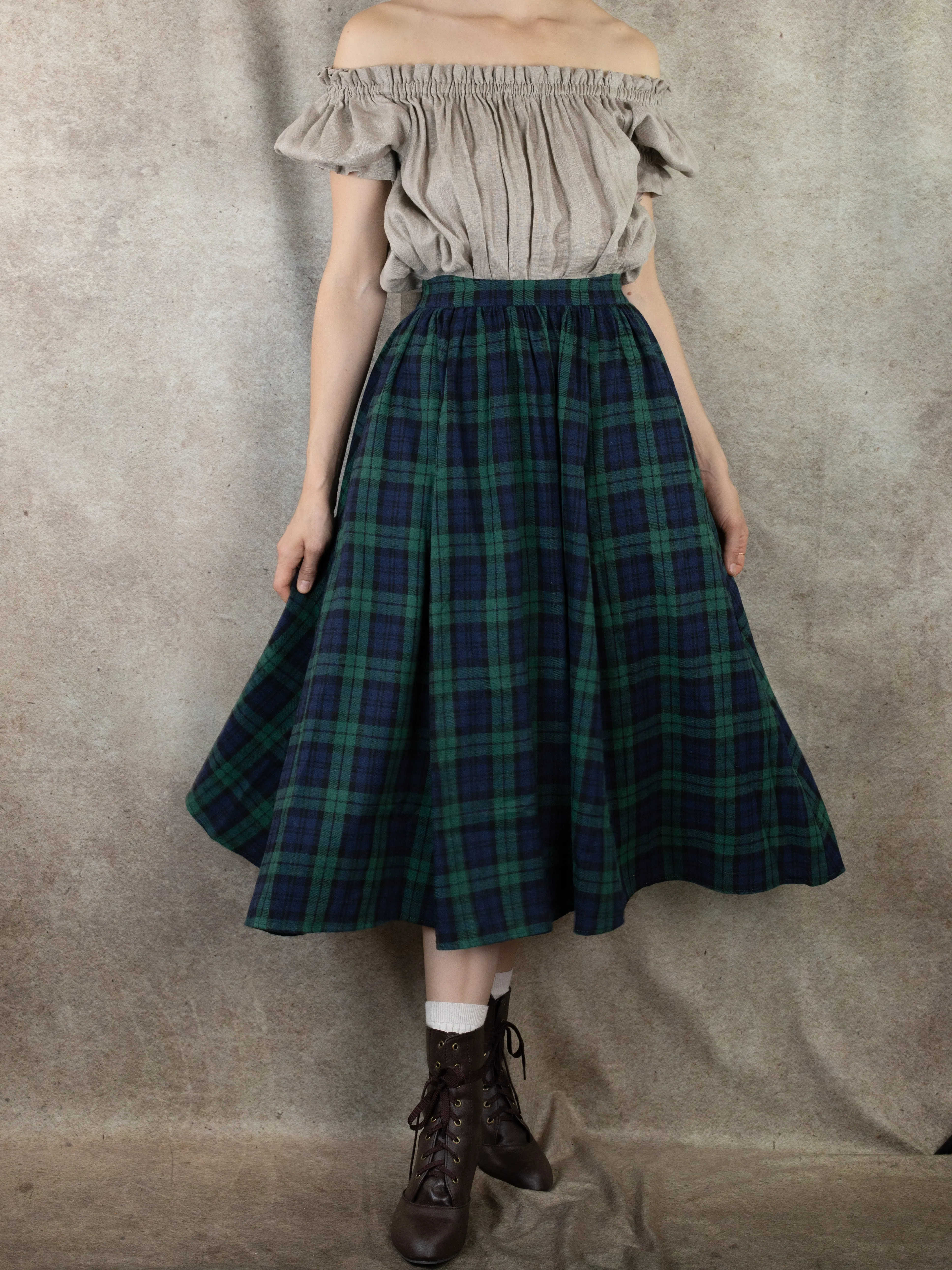 Blue and Green Plaid Midi Skirt